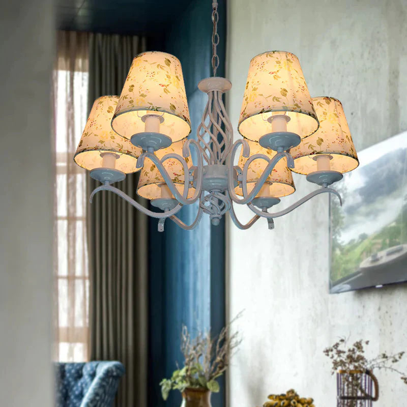 Light Blue 6 Heads Chandelier Traditionalism Fabric Conical Led Suspended Lighting Fixture