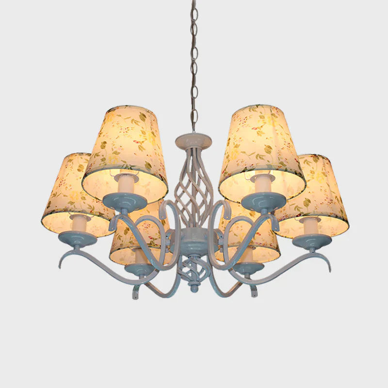 Light Blue 6 Heads Chandelier Traditionalism Fabric Conical Led Suspended Lighting Fixture