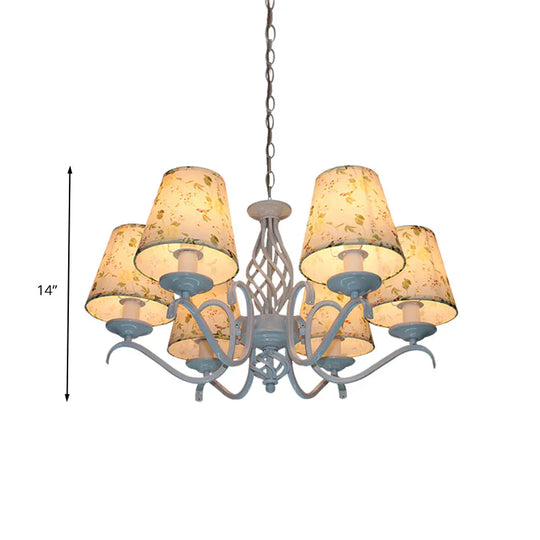 Light Blue 6 Heads Chandelier Traditionalism Fabric Conical Led Suspended Lighting Fixture