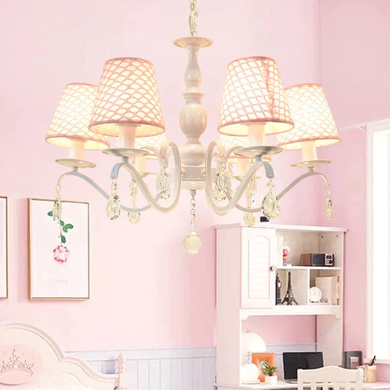 Fabric Pink Hanging Chandelier Tapered 6 Lights Traditional Down Lighting Pendant With Crystal