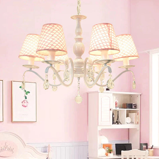 Fabric Pink Hanging Chandelier Tapered 6 Lights Traditional Down Lighting Pendant With Crystal