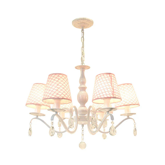 Fabric Pink Hanging Chandelier Tapered 6 Lights Traditional Down Lighting Pendant With Crystal