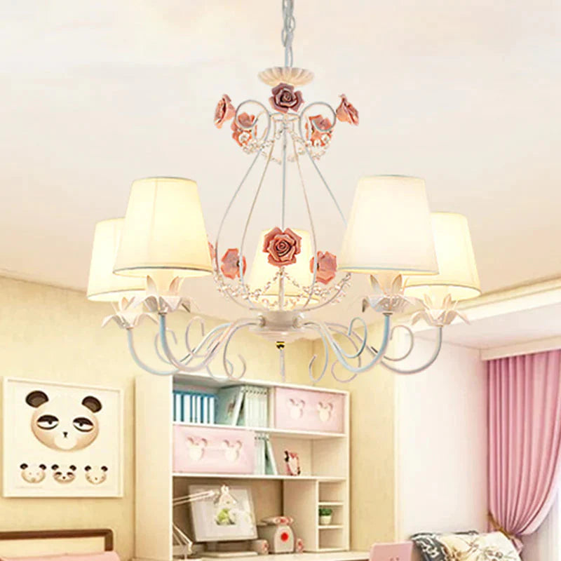 Countryside Barrel Chandelier Lighting Fixture 5 Heads Fabric Pendant Ceiling Light In Pink/White