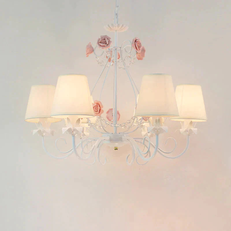 Countryside Barrel Chandelier Lighting Fixture 5 Heads Fabric Pendant Ceiling Light In Pink/White
