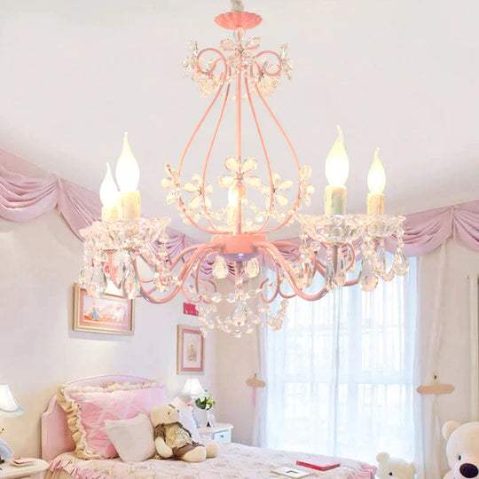 Candle Bedroom Ceiling Chandelier Traditional K9 Crystal 3/5 Heads Pink Hanging Light Fixture