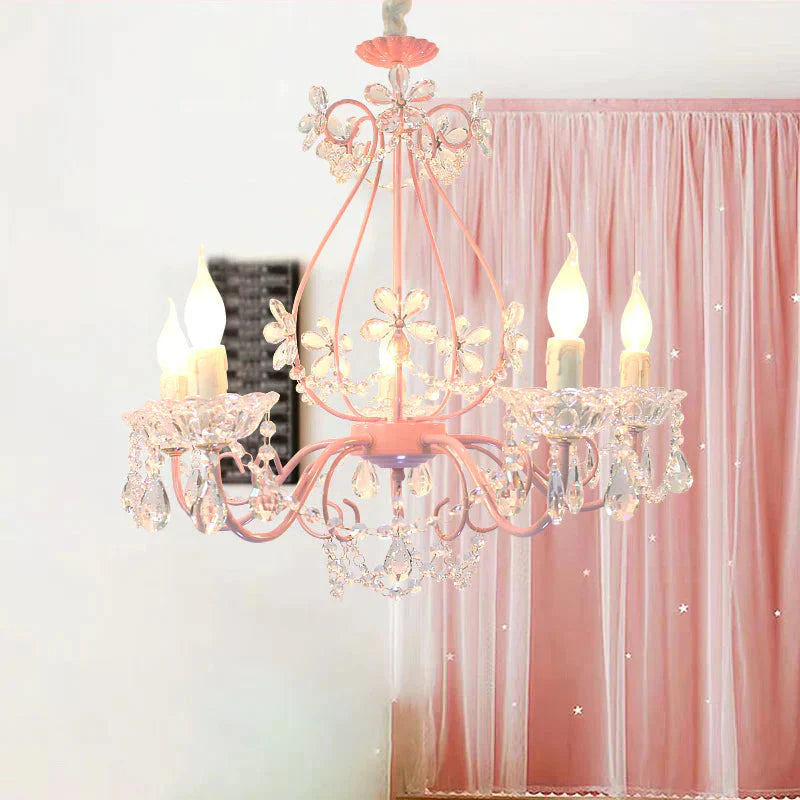 Candle Bedroom Ceiling Chandelier Traditional K9 Crystal 3/5 Heads Pink Hanging Light Fixture
