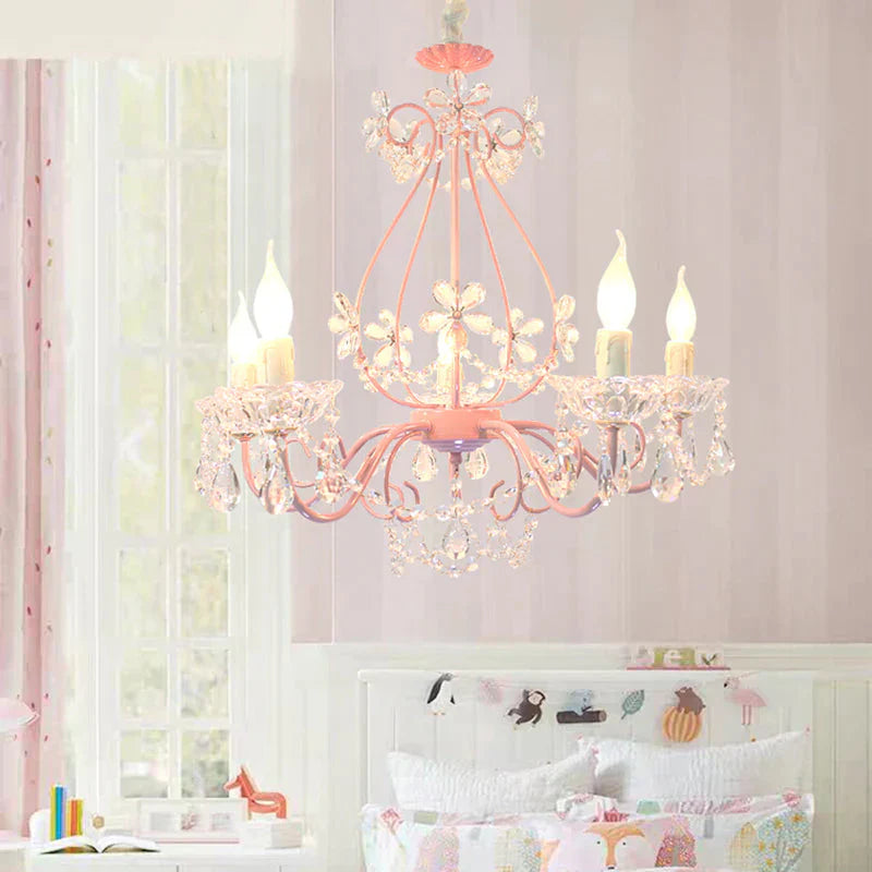 Candle Bedroom Ceiling Chandelier Traditional K9 Crystal 3/5 Heads Pink Hanging Light Fixture