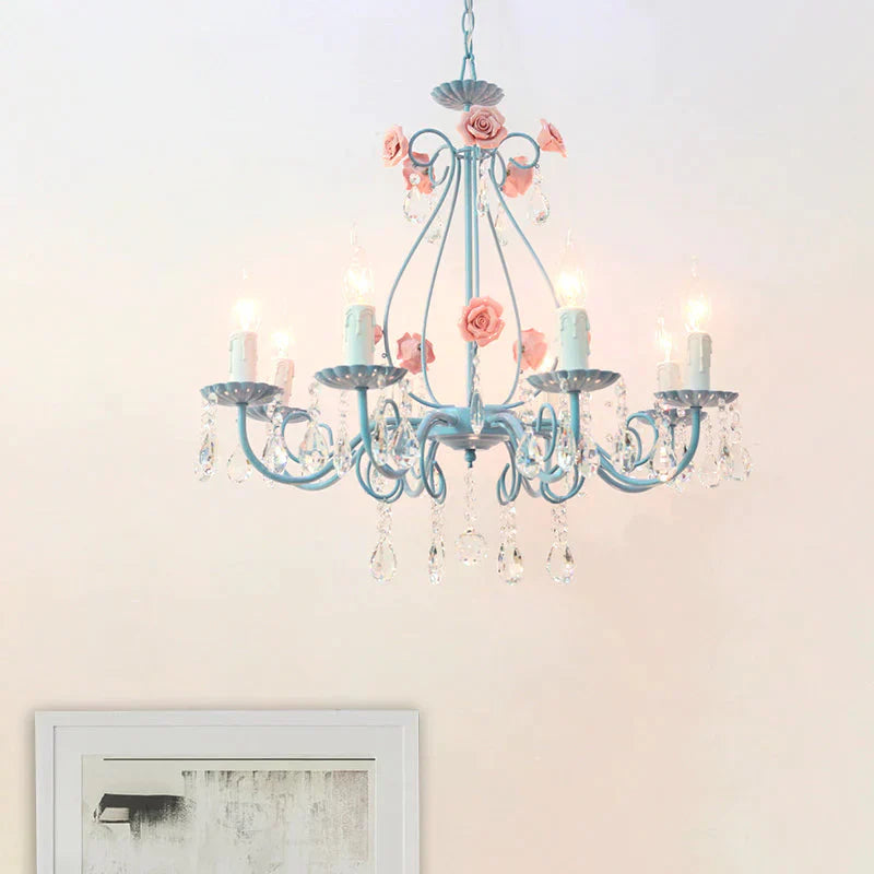 Pink/Yellow Candle Hanging Chandelier Traditional Clear Crystal 5/8 Lights Living Room Ceiling