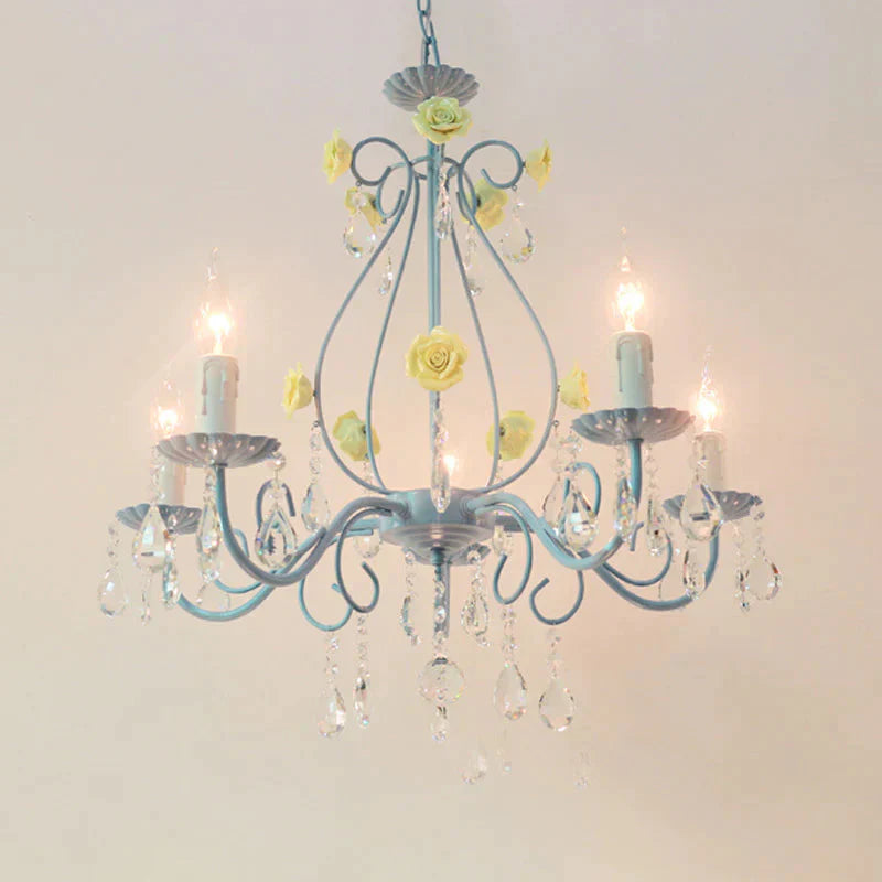 Pink/Yellow Candle Hanging Chandelier Traditional Clear Crystal 5/8 Lights Living Room Ceiling