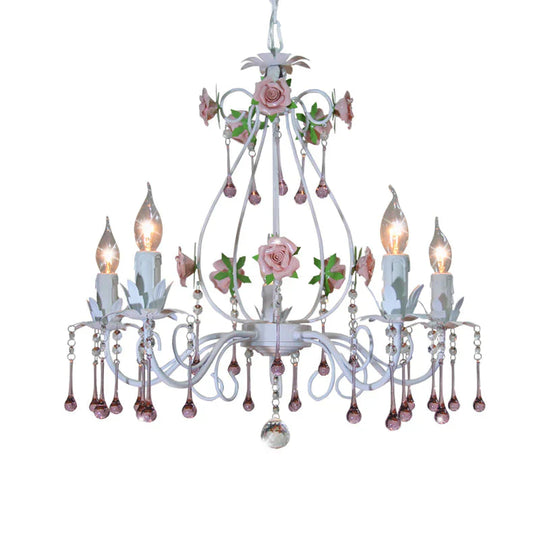 Crystal Ball Pink Pendant Chandelier Candlestick 5 Lights Countryside Ceiling Hang Fixture For