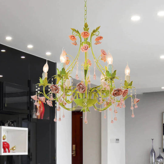 6/8 Bulbs Candle Pendant Lamp Traditionalism Green Crystal Chandelier Light Fixture For Bedroom 6 /