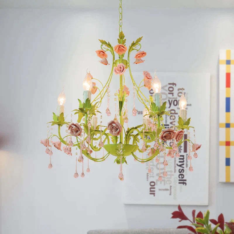 6/8 Bulbs Candle Pendant Lamp Traditionalism Green Crystal Chandelier Light Fixture For Bedroom