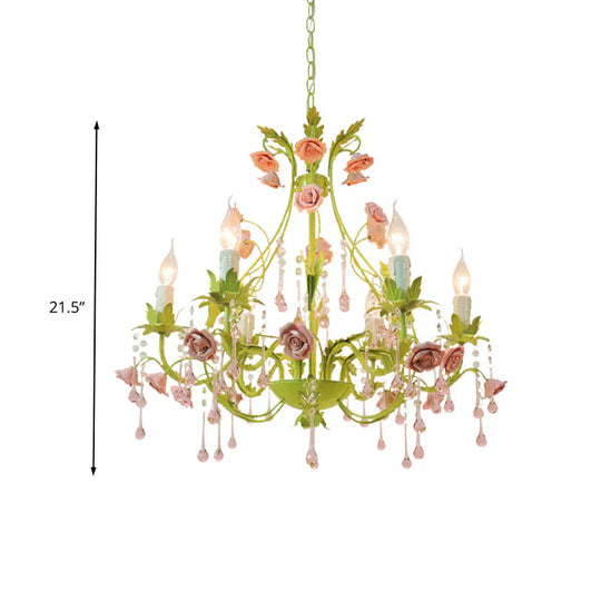 6/8 Bulbs Candle Pendant Lamp Traditionalism Green Crystal Chandelier Light Fixture For Bedroom