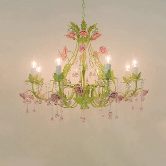 6/8 Bulbs Candle Pendant Lamp Traditionalism Green Crystal Chandelier Light Fixture For Bedroom 8 /