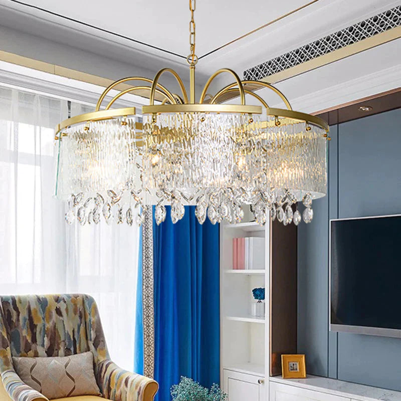 Gold 4/6/8 Lights Pendant Chandelier Simple Crystal Round Suspension Lighting Fixture In For Living