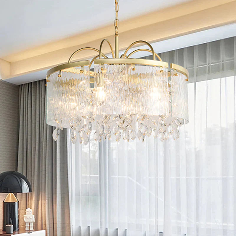 Gold 4/6/8 Lights Pendant Chandelier Simple Crystal Round Suspension Lighting Fixture In For Living