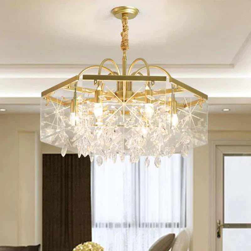 Gold Square Hanging Chandelier Lodge Crystal 4/6/8 Lights Living Room Suspension Pendant