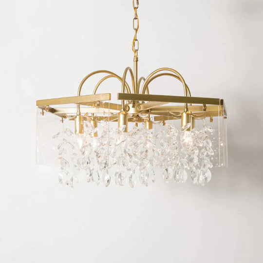 Gold Square Hanging Chandelier Lodge Crystal 4/6/8 Lights Living Room Suspension Pendant