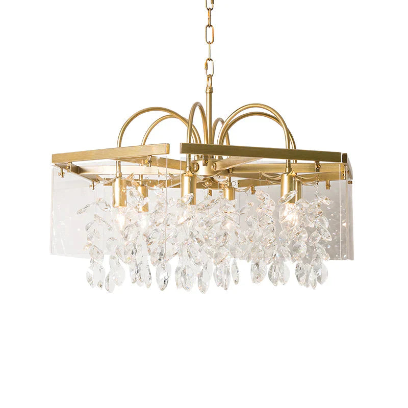 Gold Square Hanging Chandelier Lodge Crystal 4/6/8 Lights Living Room Suspension Pendant