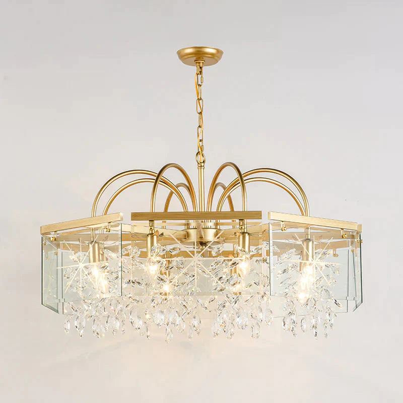 Gold Square Hanging Chandelier Lodge Crystal 4/6/8 Lights Living Room Suspension Pendant