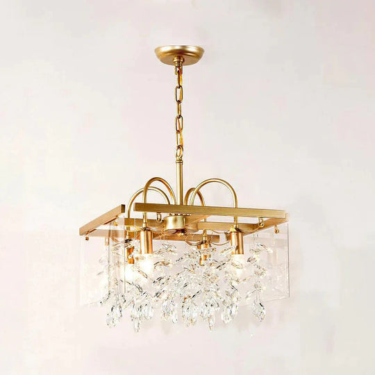 Gold Square Hanging Chandelier Lodge Crystal 4/6/8 Lights Living Room Suspension Pendant