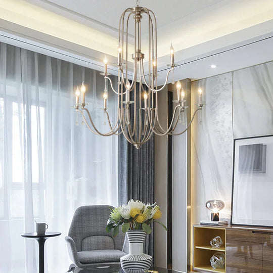 Silver 9/12 Lights Chandelier Lamp Rustic Crystal Layered Suspension Pendant Light For Living Room