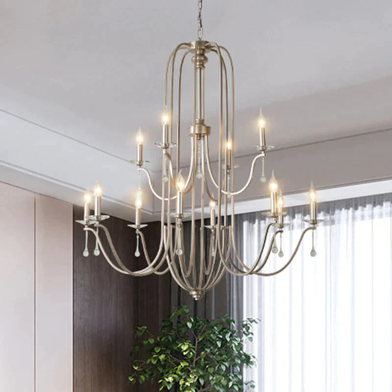 Silver 9/12 Lights Chandelier Lamp Rustic Crystal Layered Suspension Pendant Light For Living Room