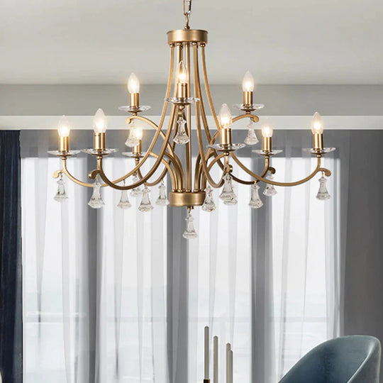 Brass Curvy Chandelier Pendant Light Rural Crystal 6/9 Lights Living Room Suspension Lighting