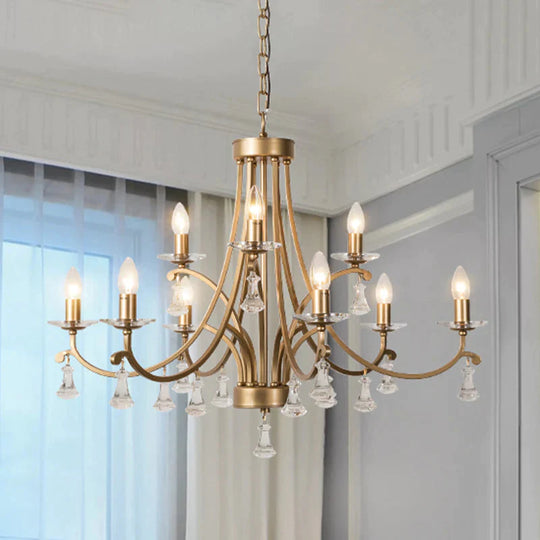 Brass Curvy Chandelier Pendant Light Rural Crystal 6/9 Lights Living Room Suspension Lighting