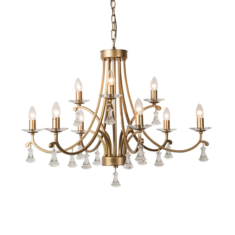 Brass Curvy Chandelier Pendant Light Rural Crystal 6/9 Lights Living Room Suspension Lighting