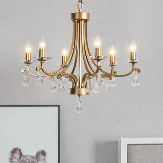 Brass Curvy Chandelier Pendant Light Rural Crystal 6/9 Lights Living Room Suspension Lighting