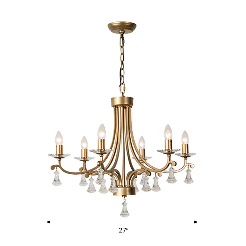 Brass Curvy Chandelier Pendant Light Rural Crystal 6/9 Lights Living Room Suspension Lighting