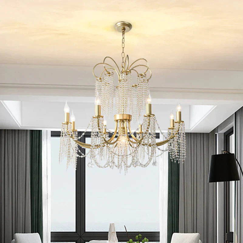 Crystal Gold Ceiling Chandelier Beaded 6/8 Lights Traditional Hanging Pendant Light For Living Room