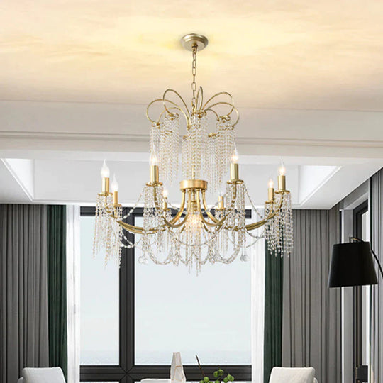 Crystal Gold Ceiling Chandelier Beaded 6/8 Lights Traditional Hanging Pendant Light For Living Room