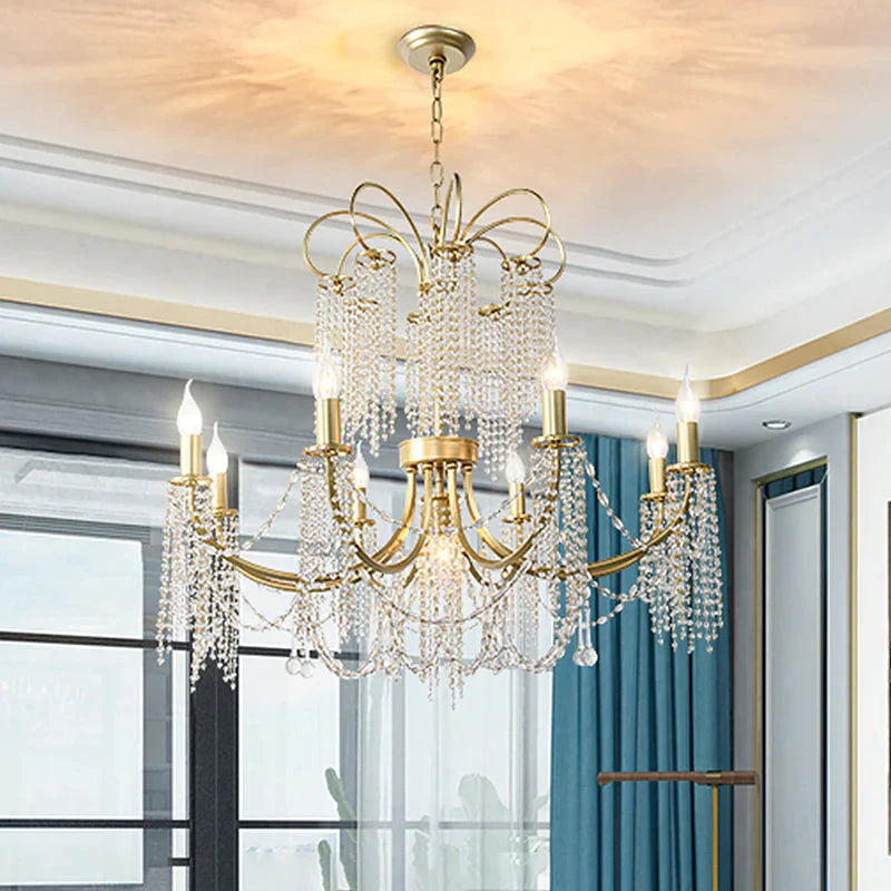 Crystal Gold Ceiling Chandelier Beaded 6/8 Lights Traditional Hanging Pendant Light For Living Room