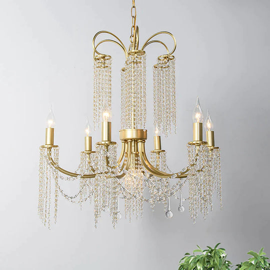 Crystal Gold Ceiling Chandelier Beaded 6/8 Lights Traditional Hanging Pendant Light For Living Room