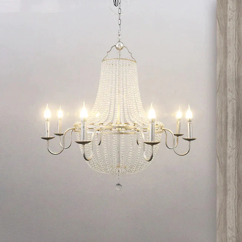 Minimalism Beaded Hanging Chandelier 6 Lights Crystal Pendant Lamp In Silver For Living Room