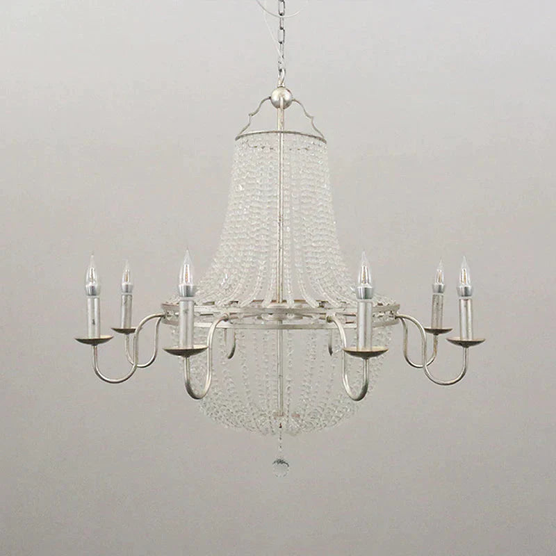 Minimalism Beaded Hanging Chandelier 6 Lights Crystal Pendant Lamp In Silver For Living Room