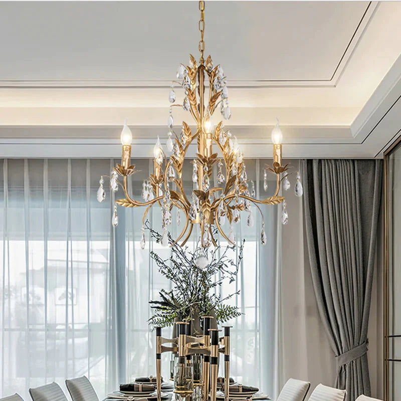 5 Lights Chandelier Rural Candelabra Crystal Pendant Light Fixture In Gold For Living Room