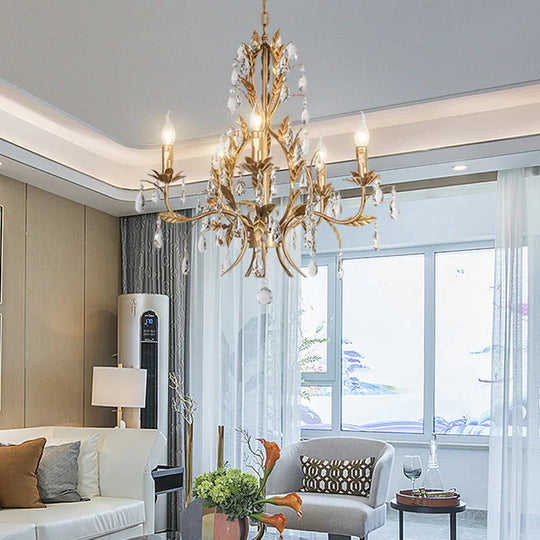 5 Lights Chandelier Rural Candelabra Crystal Pendant Light Fixture In Gold For Living Room