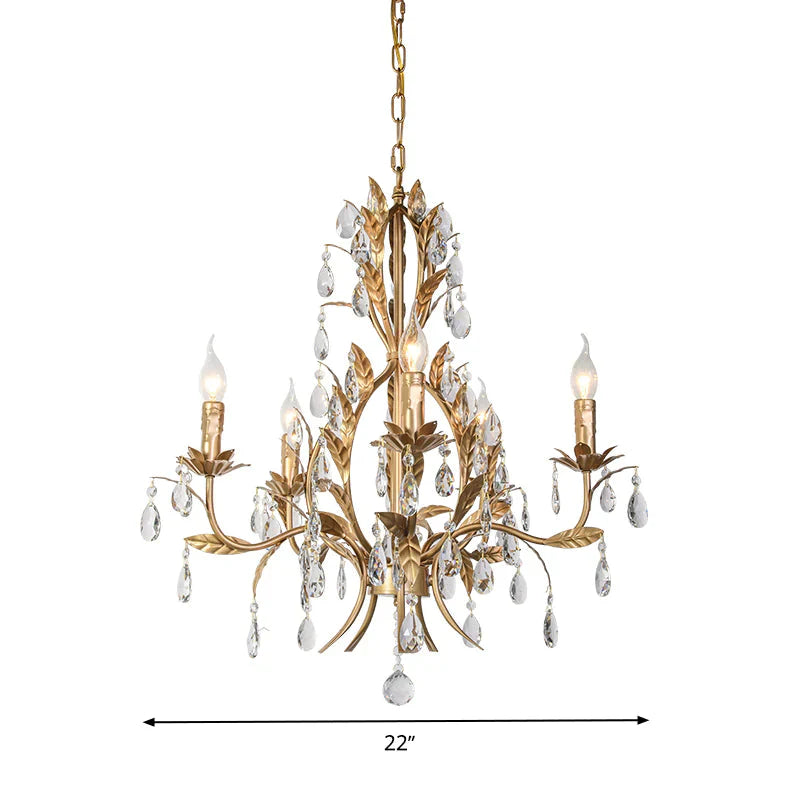 5 Lights Chandelier Rural Candelabra Crystal Pendant Light Fixture In Gold For Living Room