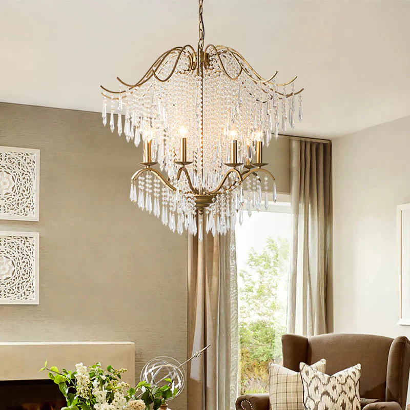 Beaded Living Room Chandelier Lighting Minimalism Crystal 6/8 Lights Gold Hanging Light Fixture