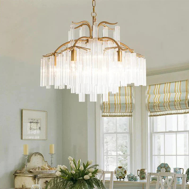 Gold Tube Chandelier Lamp Countryside Crystal 7/9 Lights Living Room Hanging Pendant Light