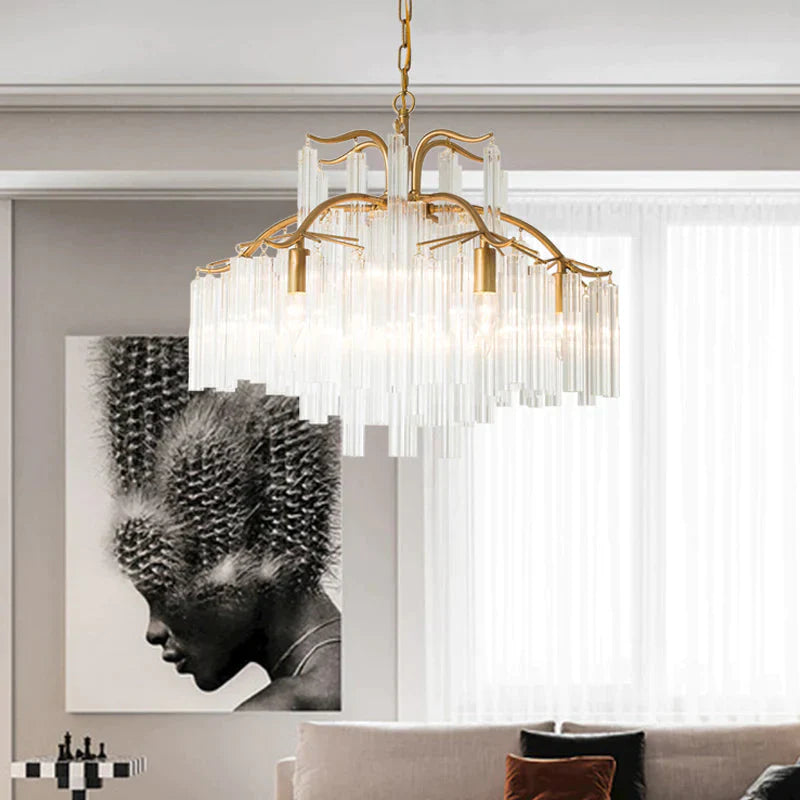 Gold Tube Chandelier Lamp Countryside Crystal 7/9 Lights Living Room Hanging Pendant Light
