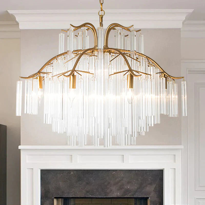 Gold Tube Chandelier Lamp Countryside Crystal 7/9 Lights Living Room Hanging Pendant Light