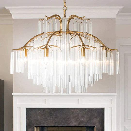 Gold Tube Chandelier Lamp Countryside Crystal 7/9 Lights Living Room Hanging Pendant Light