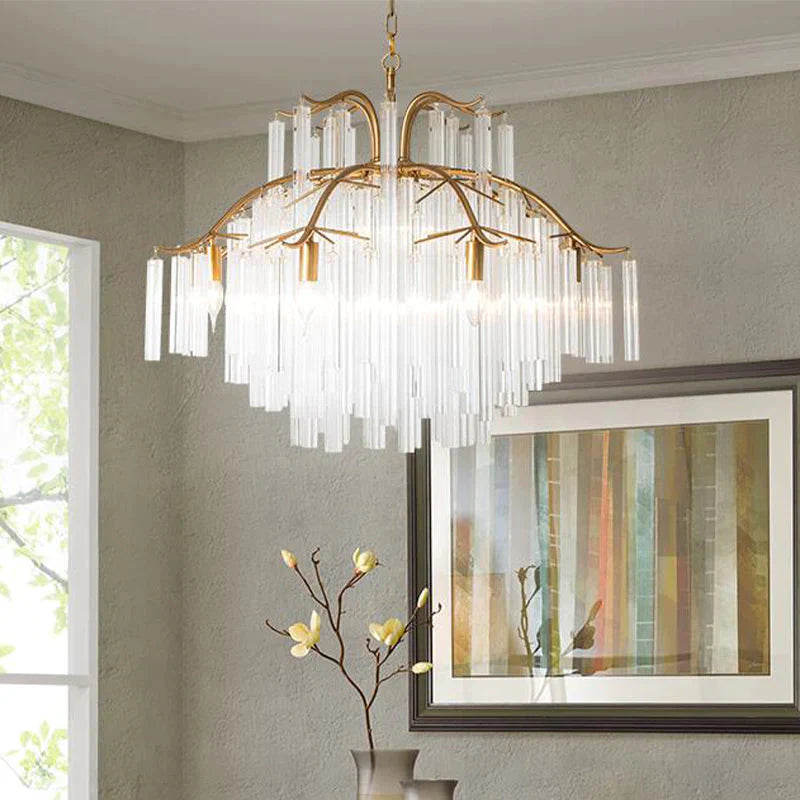 Gold Tube Chandelier Lamp Countryside Crystal 7/9 Lights Living Room Hanging Pendant Light