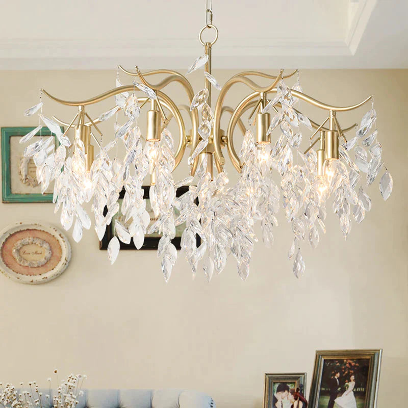 Clear Crystal Curvy Pendant Chandelier Rural 4/7/9 Lights Living Room Hanging Ceiling Light In Brass