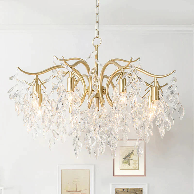 Clear Crystal Curvy Pendant Chandelier Rural 4/7/9 Lights Living Room Hanging Ceiling Light In Brass