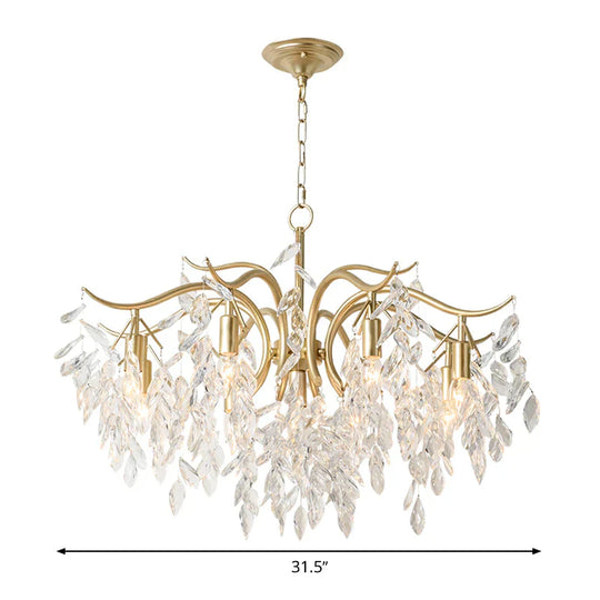 Clear Crystal Curvy Pendant Chandelier Rural 4/7/9 Lights Living Room Hanging Ceiling Light In Brass